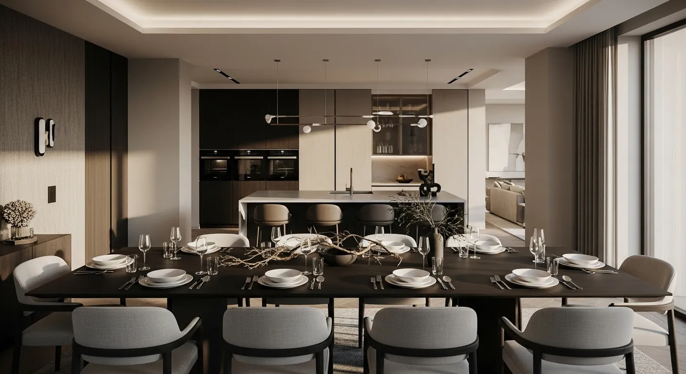 Modern dining room styled in truffle colors with elegant table setting.