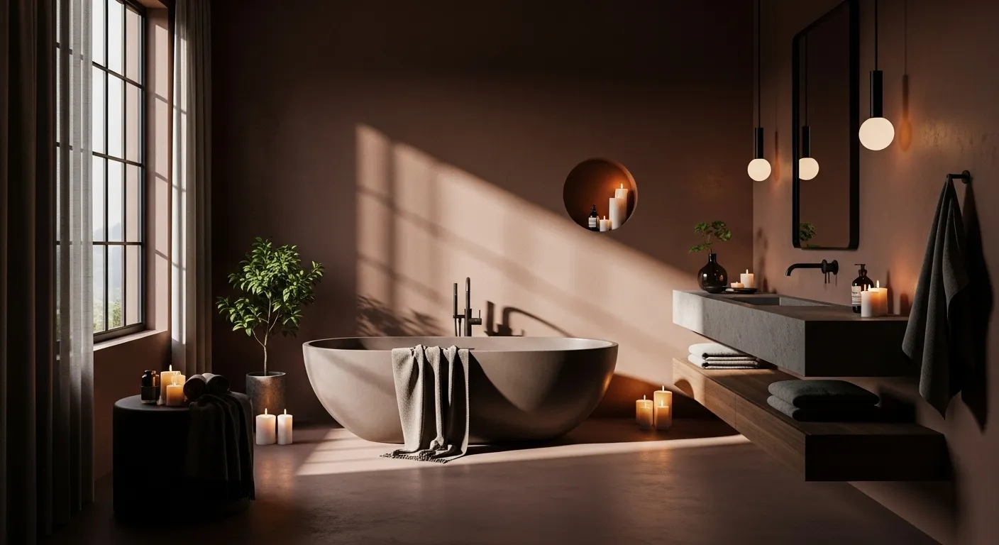 A minimalist bathroom featuring truffle tones, a freestanding tub, and cozy decor elements.