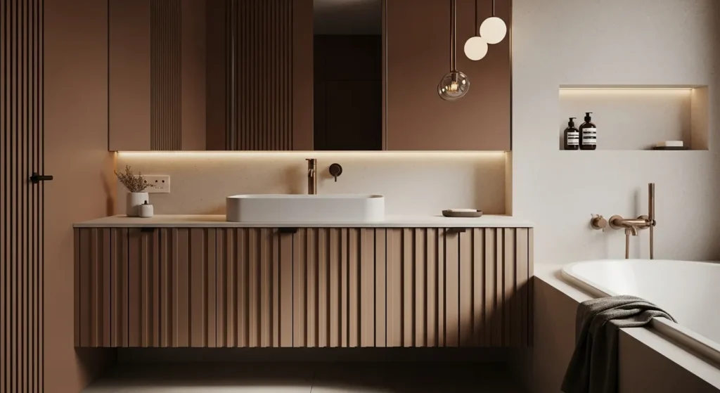 Stunning minimalist bathroom design in truffle colors, featuring sleek lines and warm ambiance.