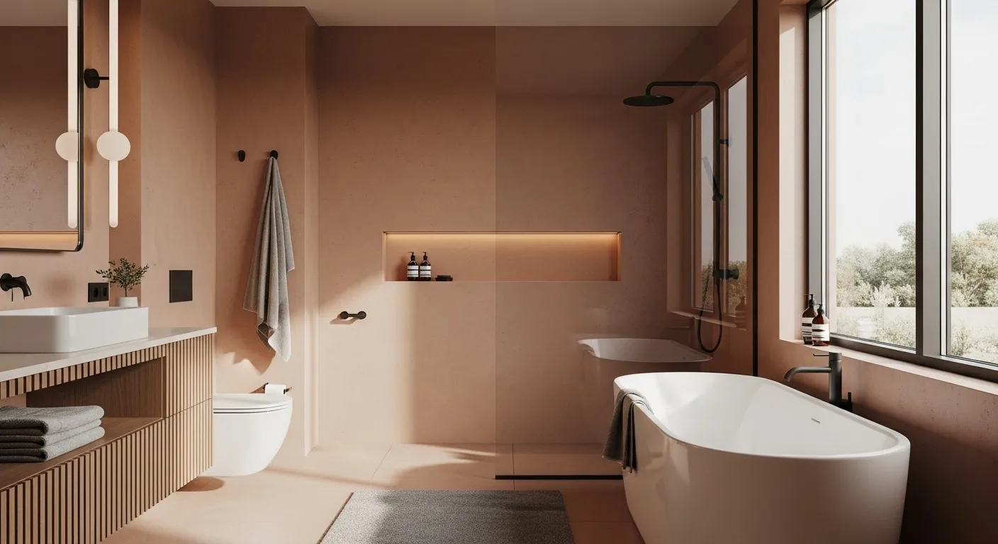 Stylish minimalist bathroom with truffle color palette, modern fixtures, and serene atmosphere.