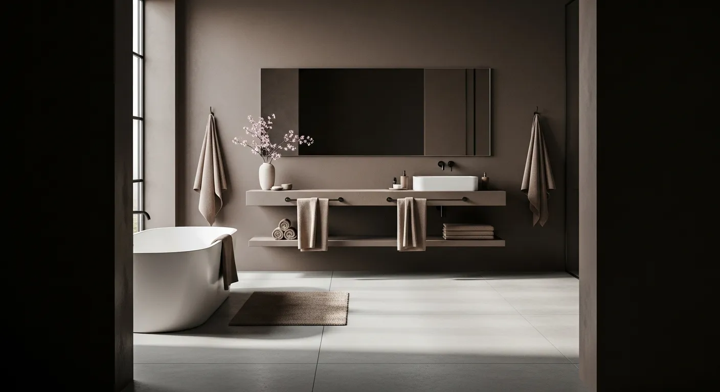 Minimalist bathroom design in truffle tones featuring a freestanding tub and sleek fixtures.