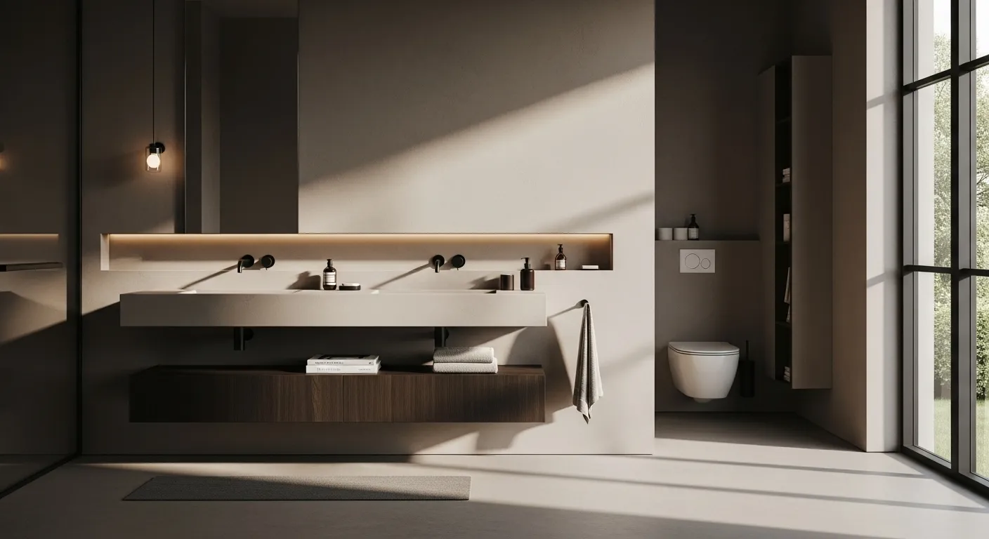 A serene minimalist bathroom featuring a truffle color palette with modern fixtures and natural lighting.