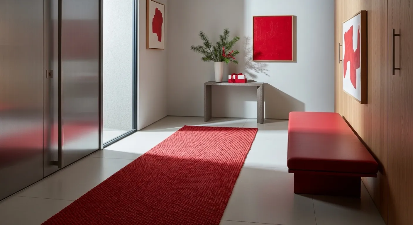 Minimalist entryway decorated for Christmas with red accents and simple decor.