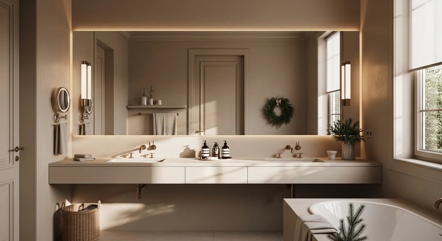 Beige Japandi bathroom with double vanity, wall sconces, and soaking tub.
