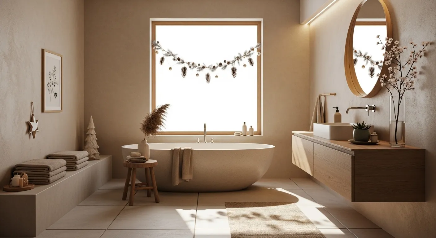 Beige Japandi bathroom with freestanding tub, wood vanity, and round mirror