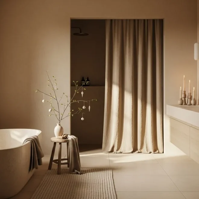 Beige Japandi bathroom with freestanding tub, wood vanity, and soft linen curtain