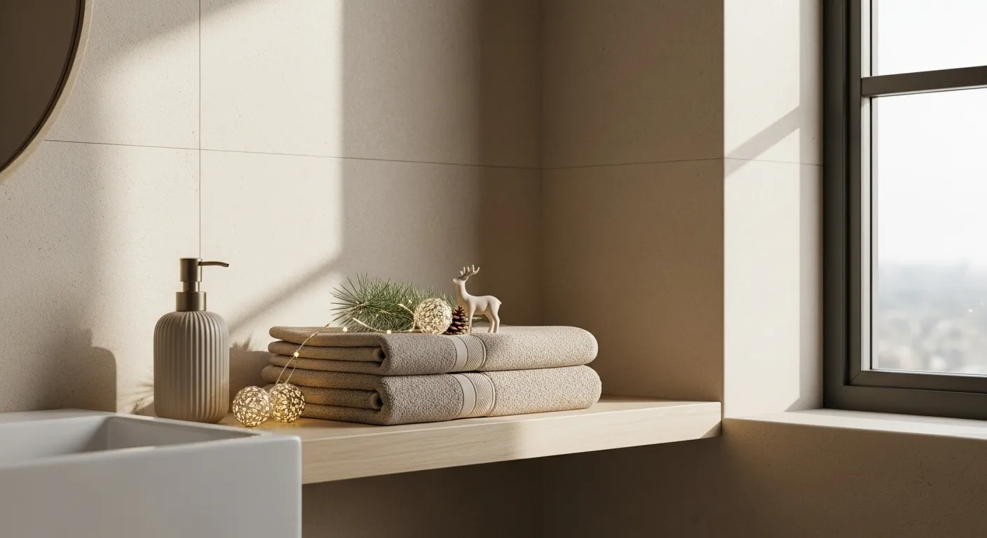 Beige Japandi bathroom shelf with folded towels, soap dispenser, and sunlight