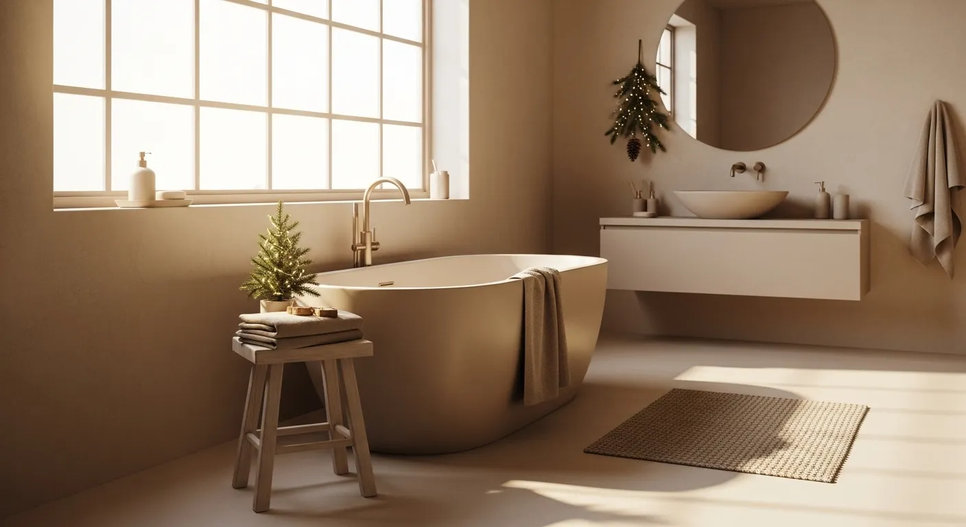 Beige Japandi bathroom with freestanding tub, floating vanity, and round mirror