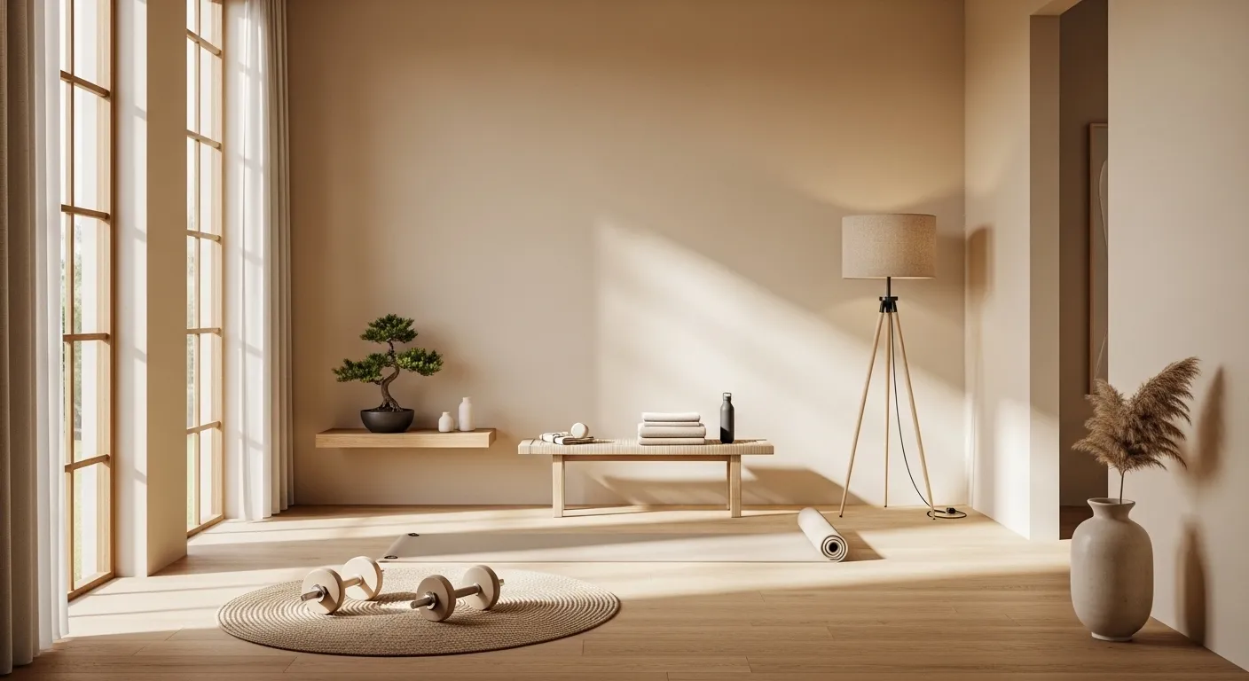 Minimalist home gym featuring beige walls and natural wooden fitness equipment