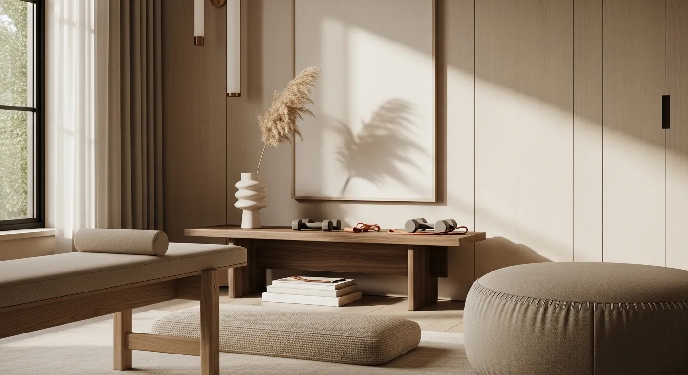 Minimalist beige home gym with wooden equipment and soft natural lighting