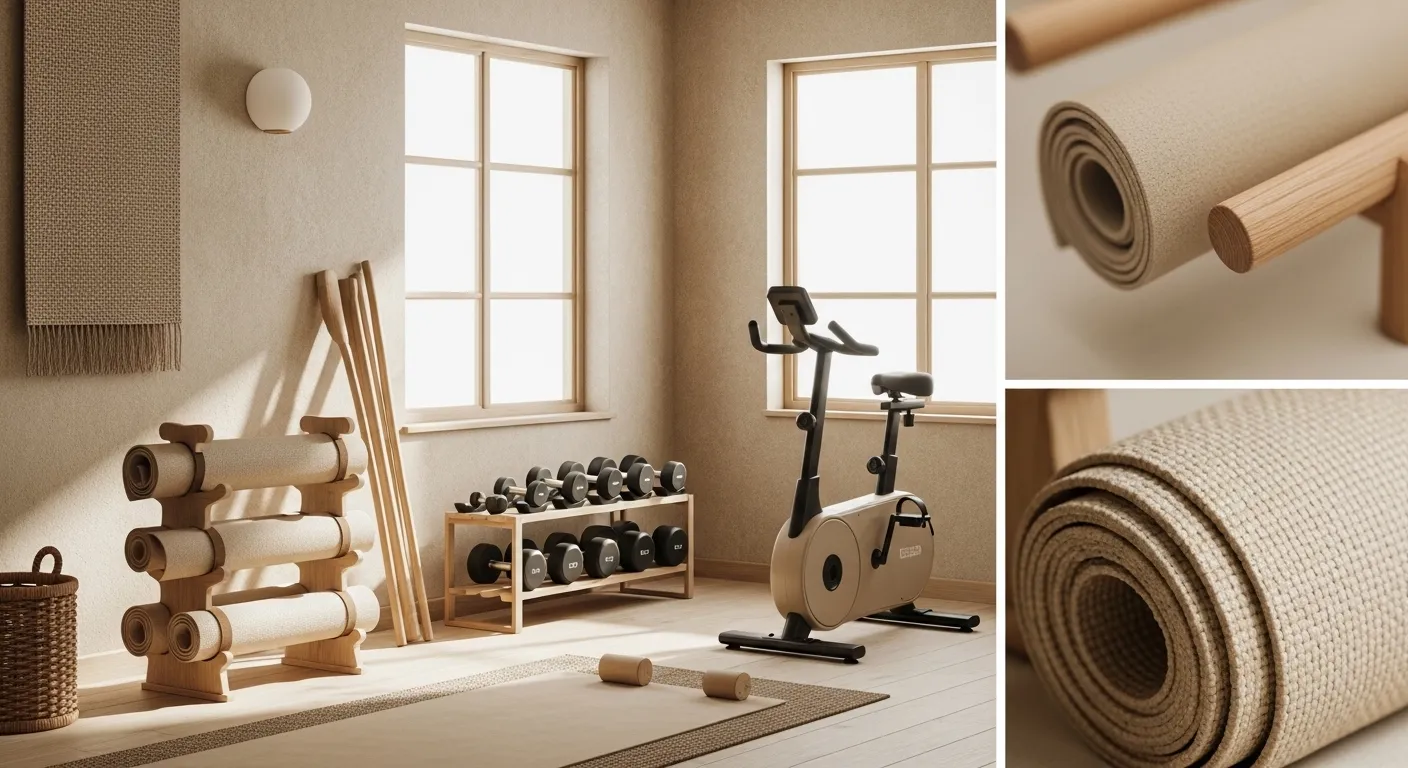 Minimalist Japandi home gym featuring beige tones, natural wood equipment, and soft lighting
