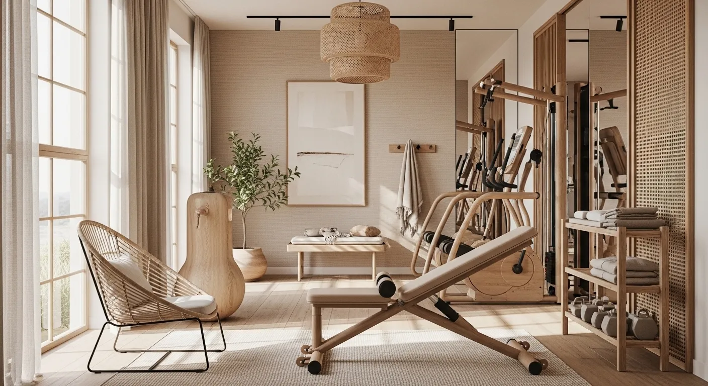 Minimalist beige home gym with wooden equipment and soft natural lighting