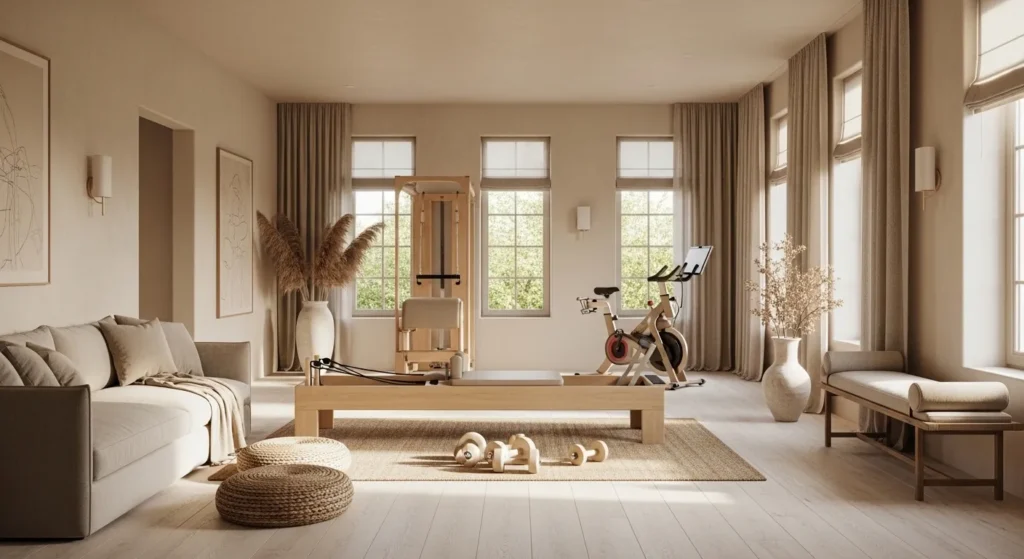 Minimalist beige home gym featuring wooden equipment and natural light in Japandi style