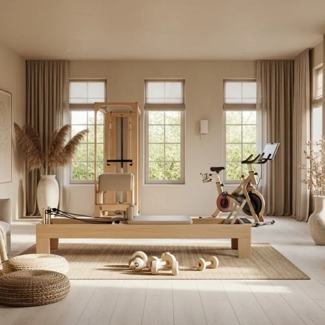 Minimalist beige home gym featuring wooden equipment and natural light in Japandi style