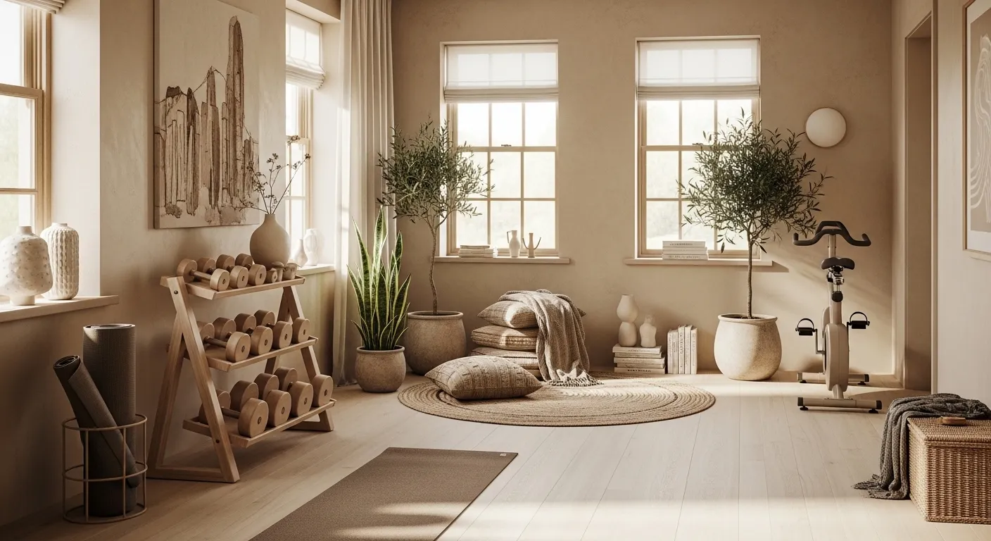 Minimalist beige home gym with wooden equipment and soft natural lighting