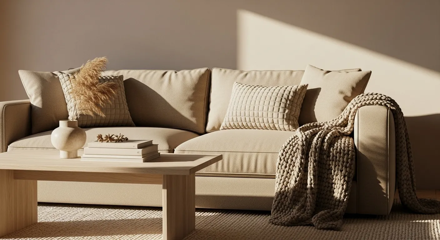 Beige minimalist sofa with textured pillows, knit throw, and wood coffee table
