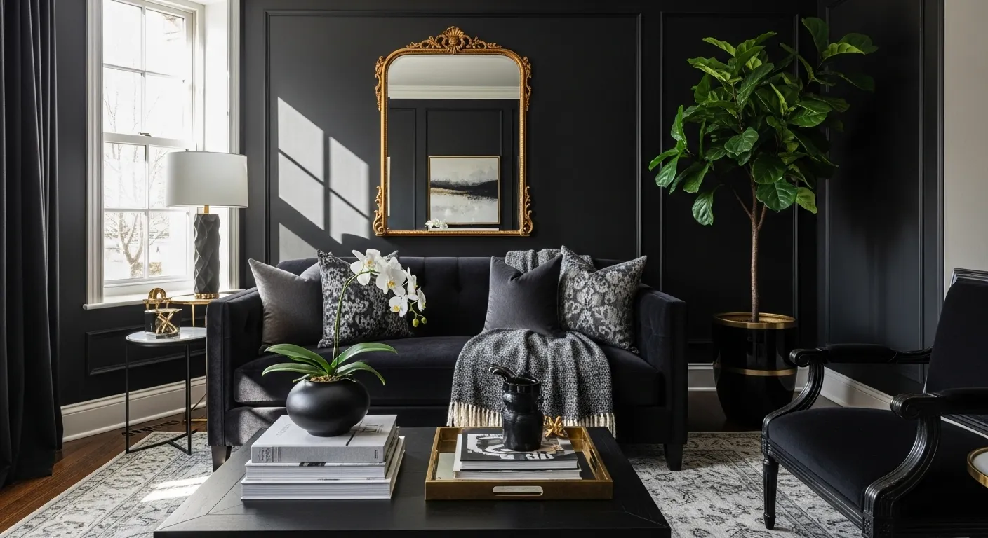 Sophisticated black living room featuring gold accents, velvet seating, and a crystal chandelier