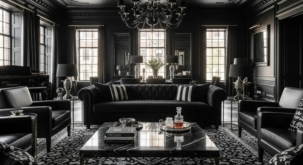 Sophisticated black living room featuring velvet seating and gold accents in a classic luxury style