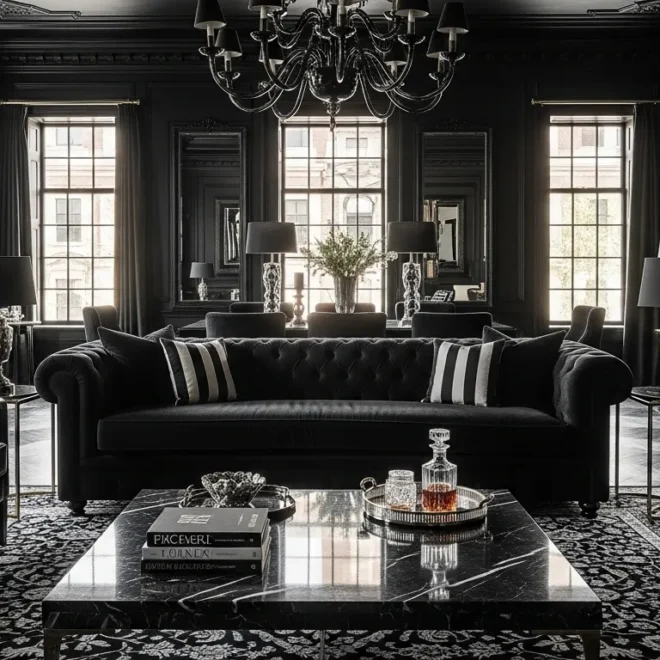 Sophisticated black living room featuring velvet seating and gold accents in a classic luxury style