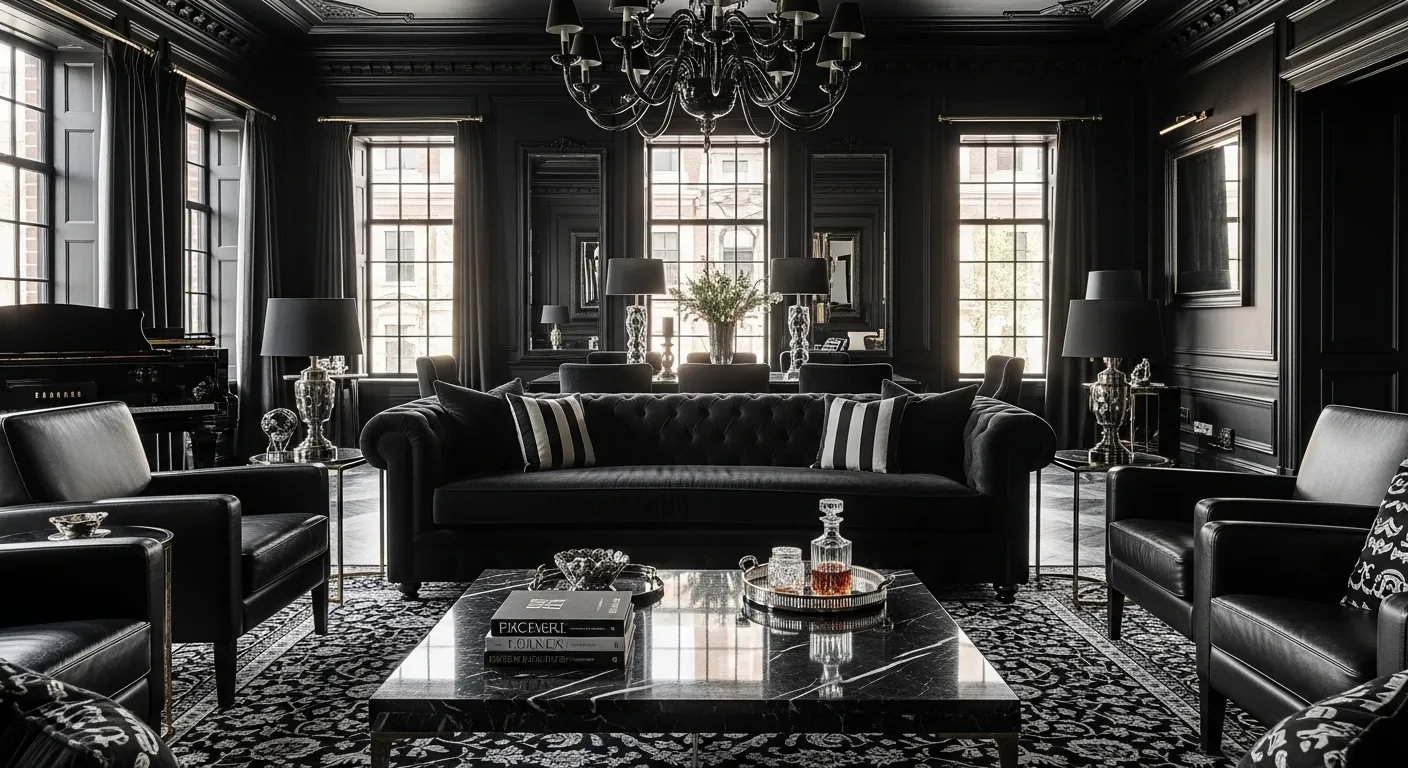 Sophisticated black living room featuring velvet seating and gold accents in a classic luxury style