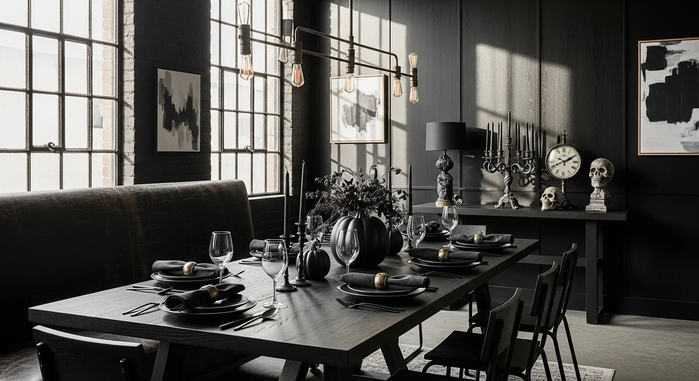 Industrial dining room featuring matte black walls and a rustic wood table with metal chairs