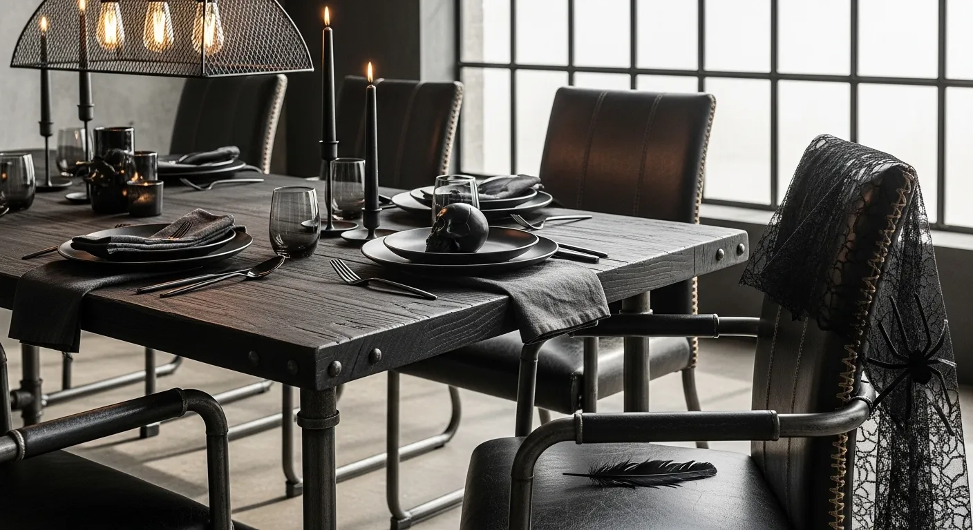 Modern industrial dining room featuring black walls, metal pendant lighting, and rustic wood table