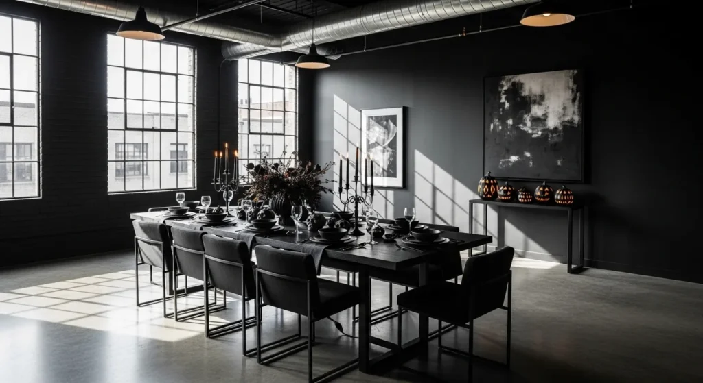 Modern industrial dining room featuring black metal furniture and raw texture accents