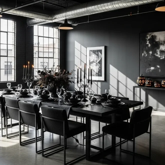 Modern industrial dining room featuring black metal furniture and raw texture accents
