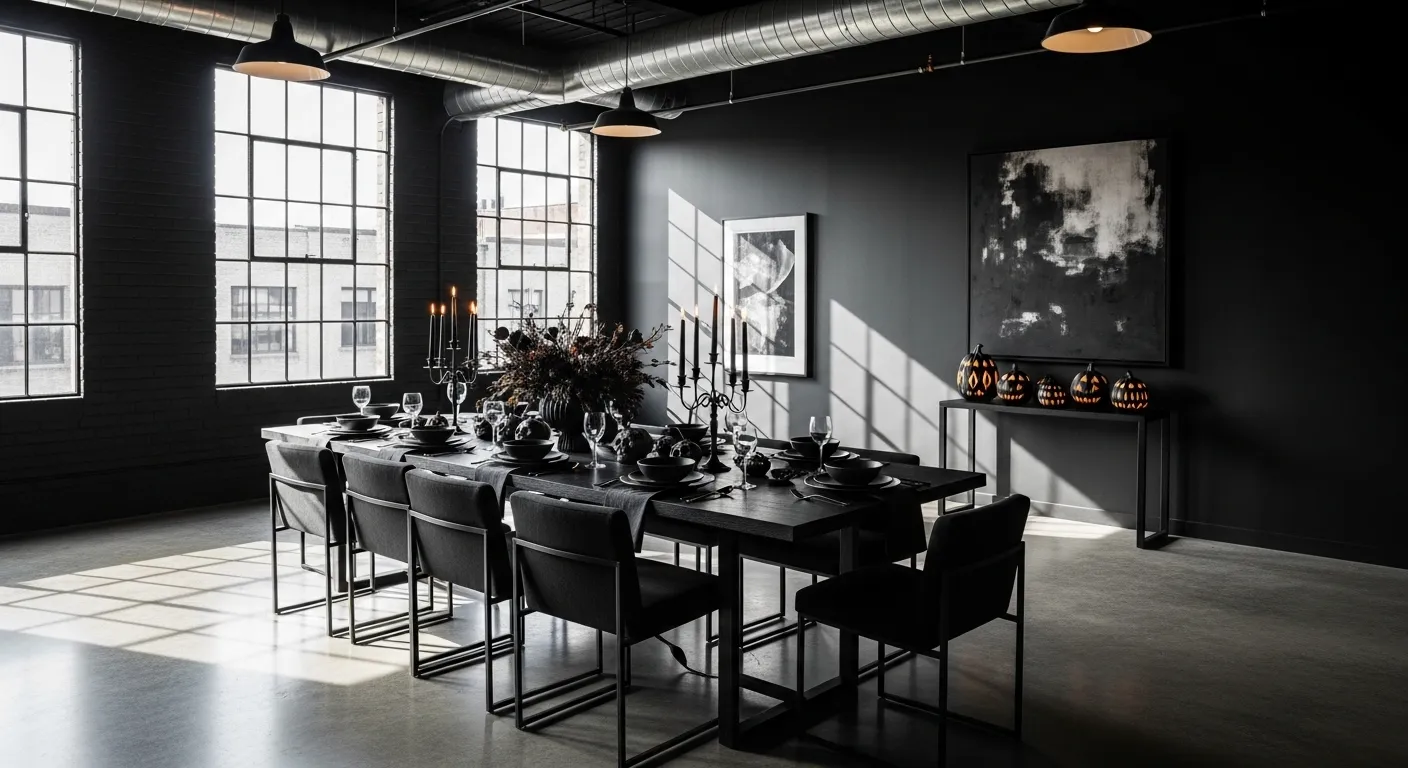 Modern industrial dining room featuring black metal furniture and raw texture accents