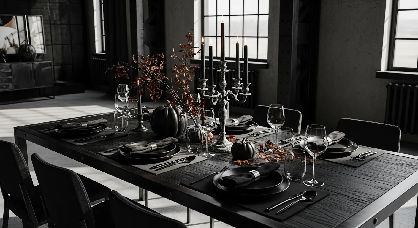 Moody industrial dining room with black walls and rustic wood table