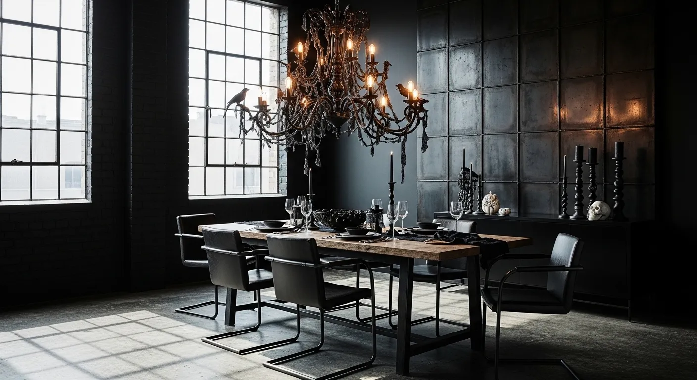 Modern industrial dining room with black walls and metal furniture accents