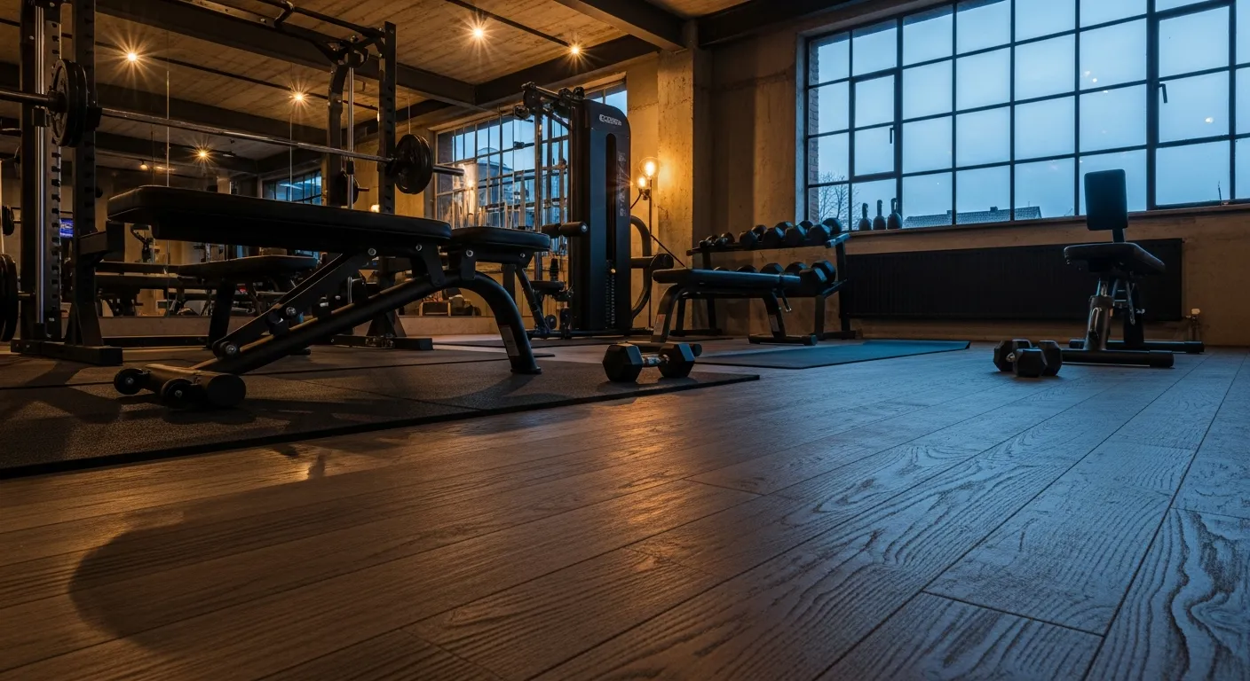 Industrial home gym ideas showing matte black walls and rubber flooring