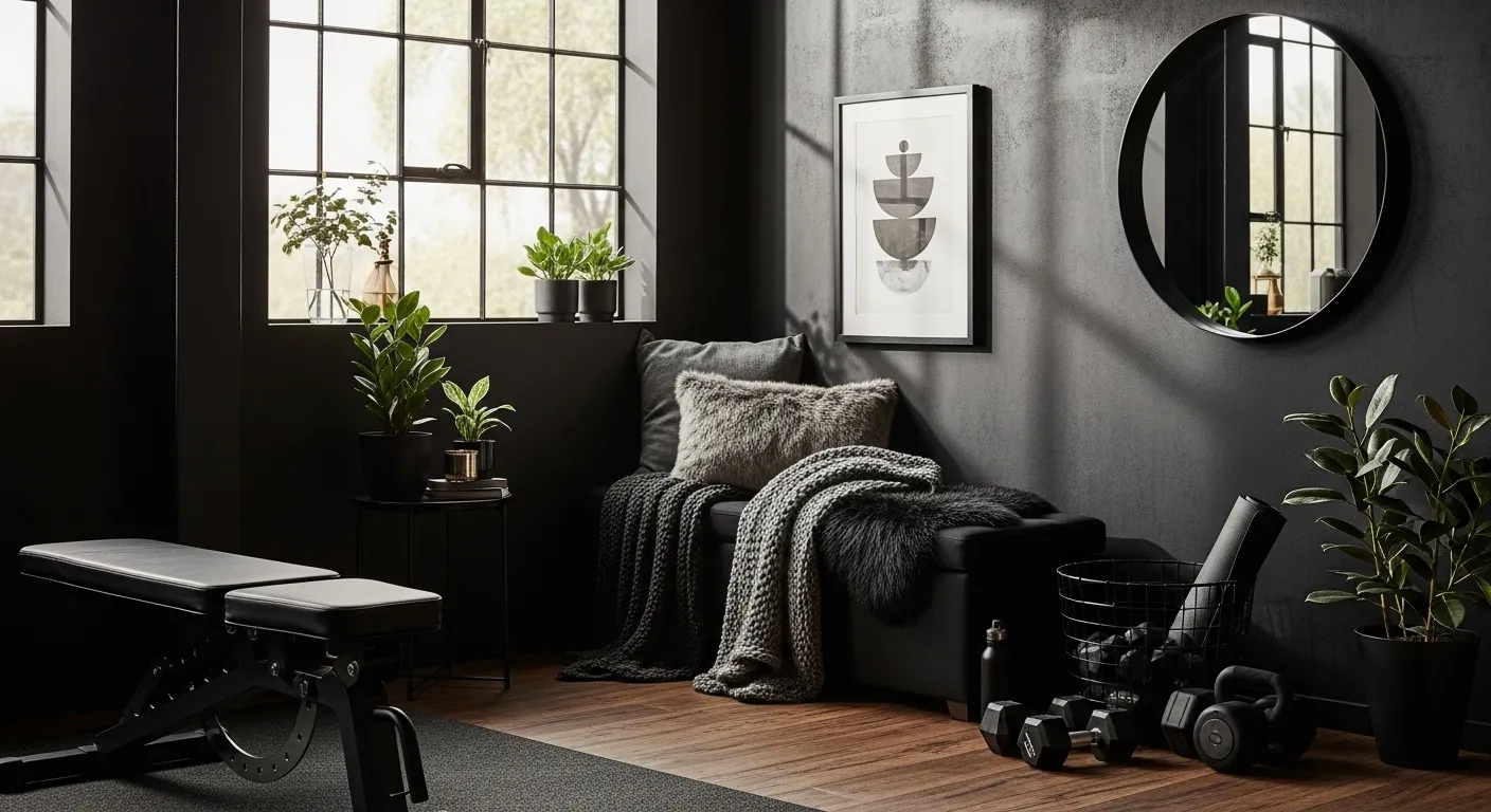 Sleek all-black industrial home gym featuring metal equipment and moody lighting