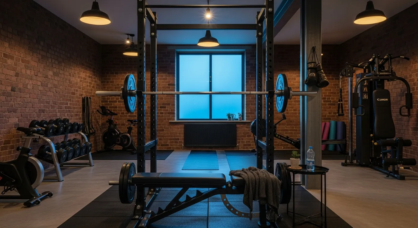 Industrial home gym ideas with sophisticated lighting setup