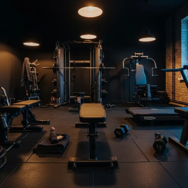 Sleek black home gym with industrial metal equipment and dark moody lighting