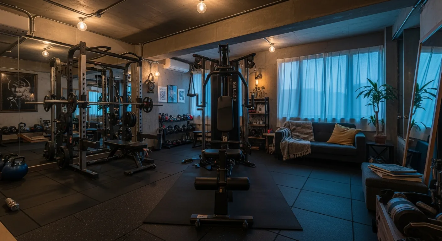 Finished look of industrial home gym ideas with equipment in place