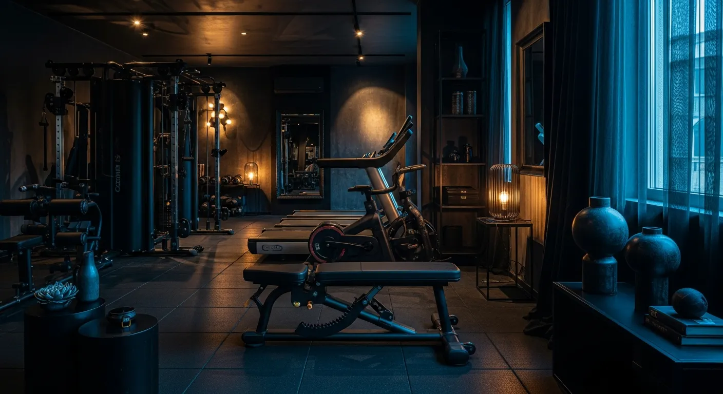 Monochromatic color palette for industrial home gym ideas with black and grey textures