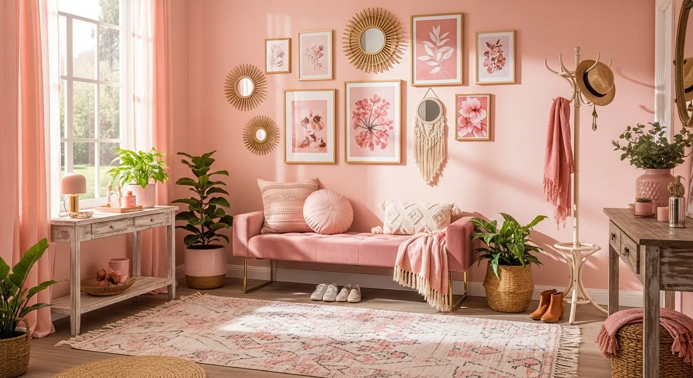 Blush bohemian entryway with pink bench, rattan mirrors, and floral gallery wall