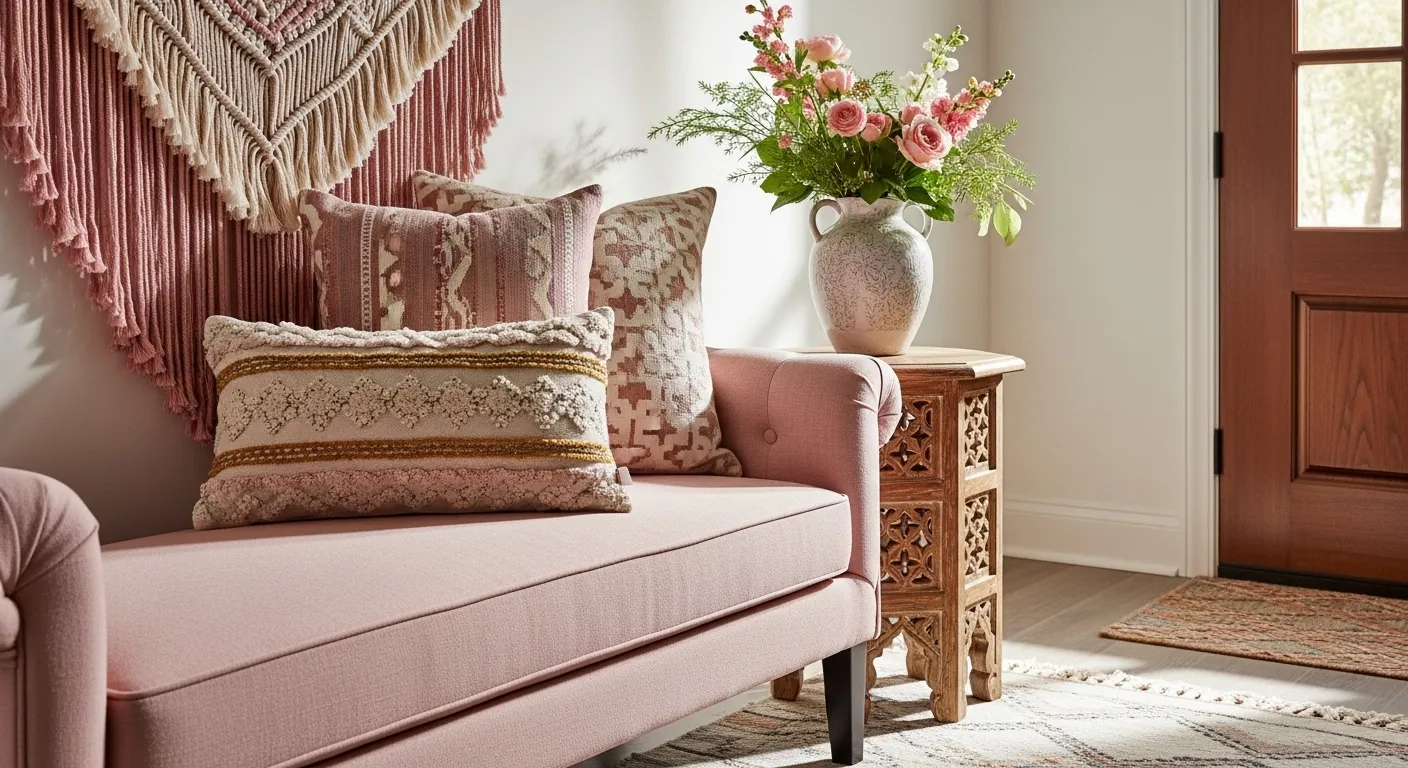 Blush boho entryway bench with macrame wall hanging and patterned pillows