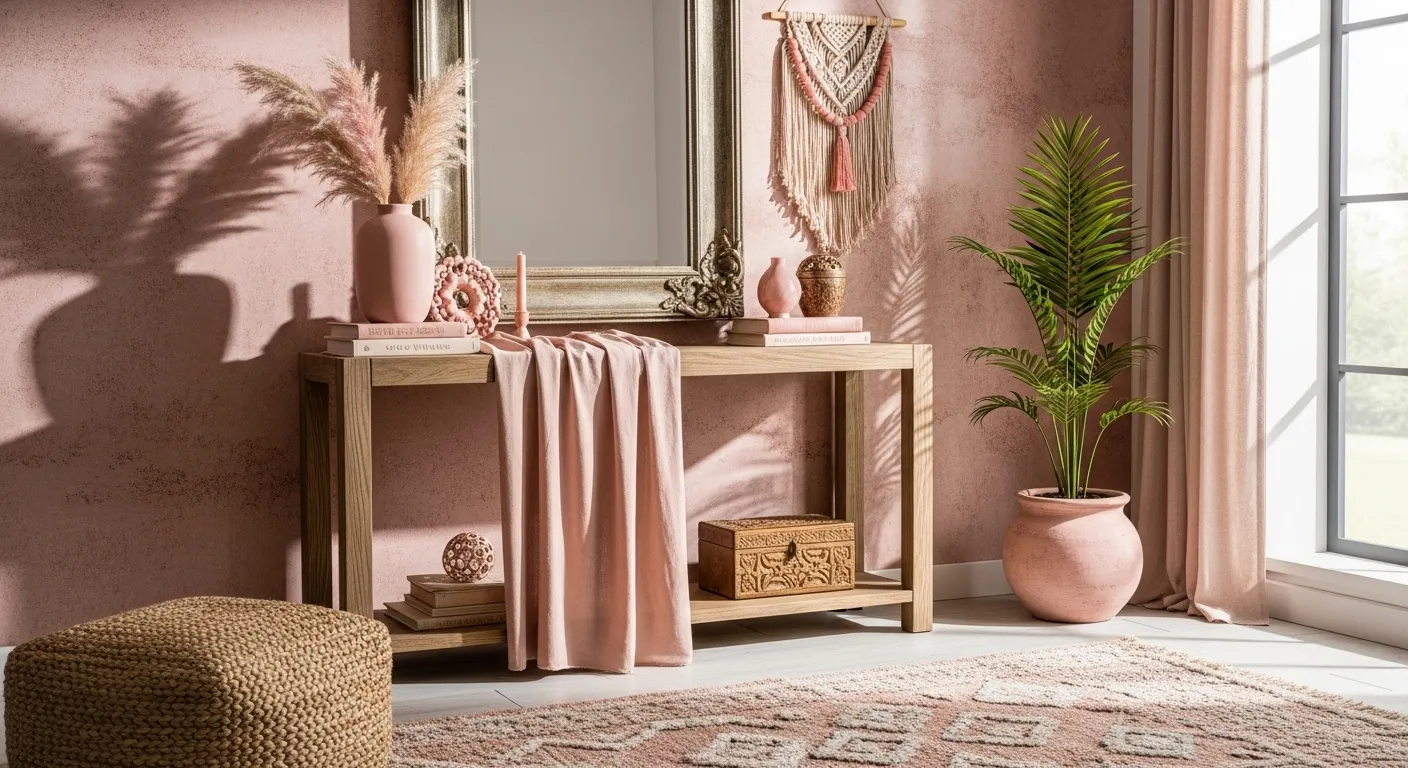 Blush boho entryway with wood console, macrame wall hanging, and pampas grass