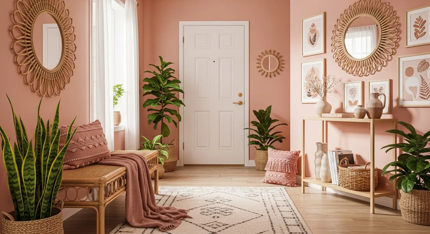 Blush boho entryway with rattan mirrors, woven bench, plants, and console styling