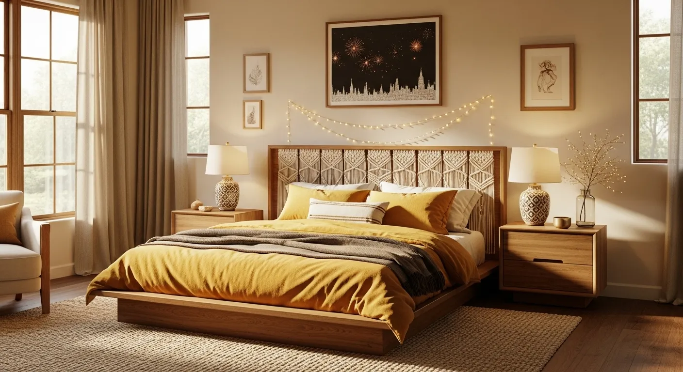 Bohemian bedroom with butter yellow bedding, macrame headboard, and warm string lights