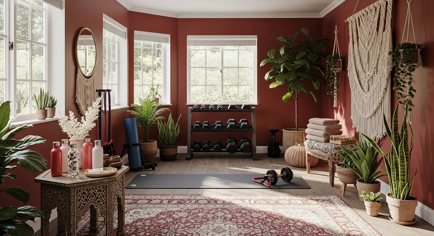 Bohemian home gym featuring dark red walls, woven rugs, and hanging plants