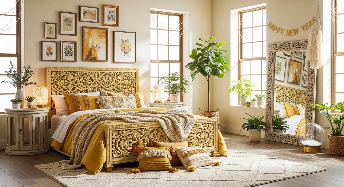 Bohemian butter yellow bedroom with carved bed, layered textiles, and plants