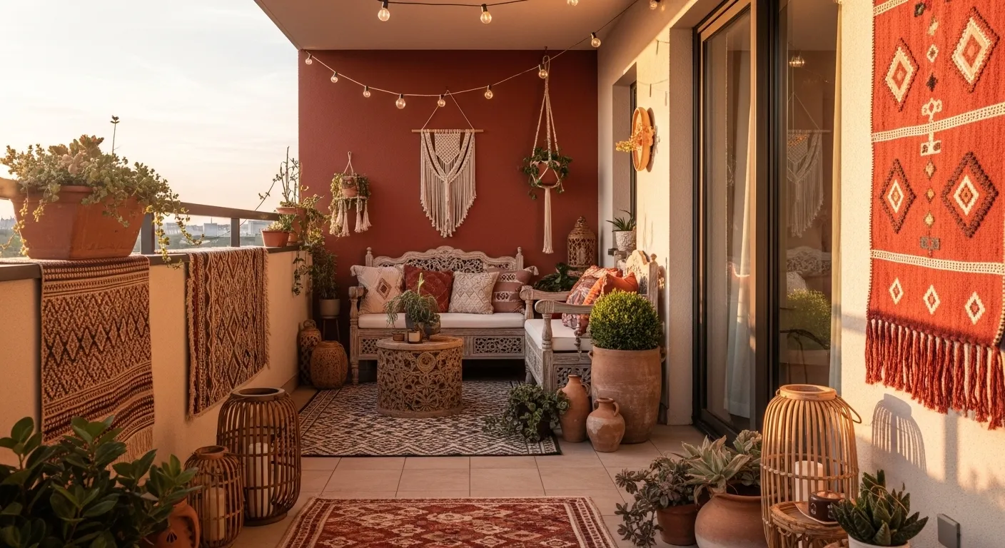 Bohemian terracotta balcony with carved bench, macramé, rugs, and plants