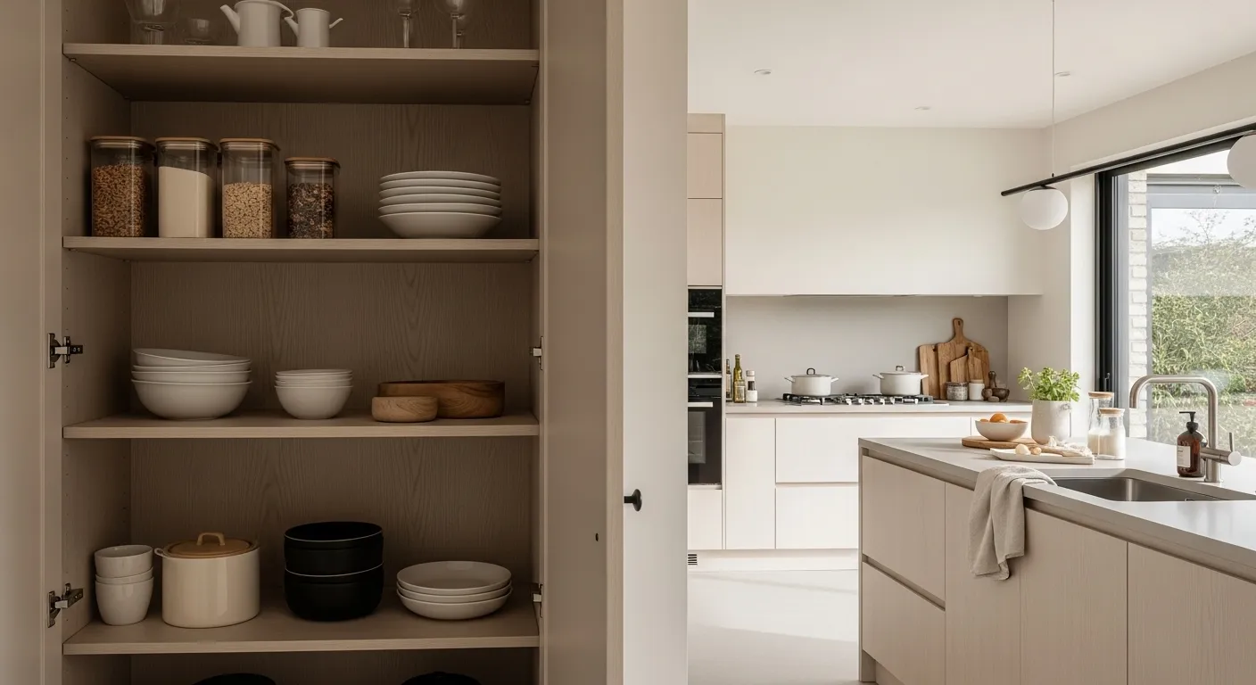 Stylish minimalist kitchen with cream color palette and organized storage.
