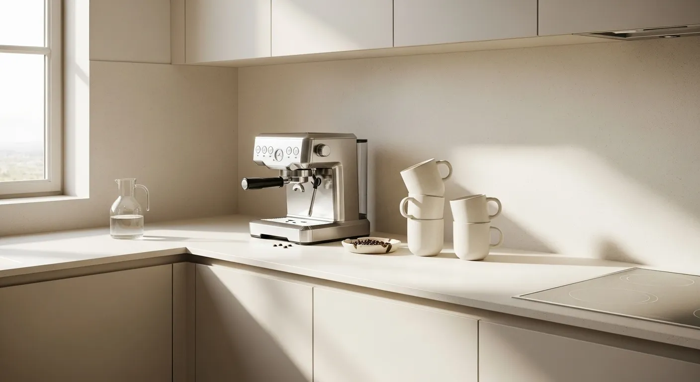 A minimalist kitchen with cream tones, coffee maker, and elegant cups showcasing everyday calmness.