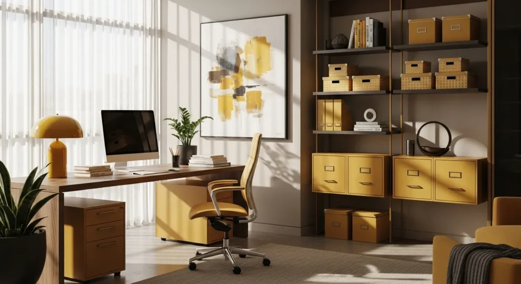Modern home office with mustard color palette, featuring stylish desk, lamp, and storage solutions.