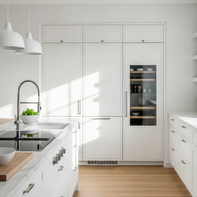 A bright, elegant Scandi kitchen featuring a white color palette, wooden accents, and modern appliances.