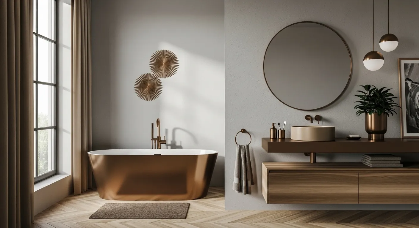 Japandi bathroom with bronze freestanding tub, floating vanity, and round mirror